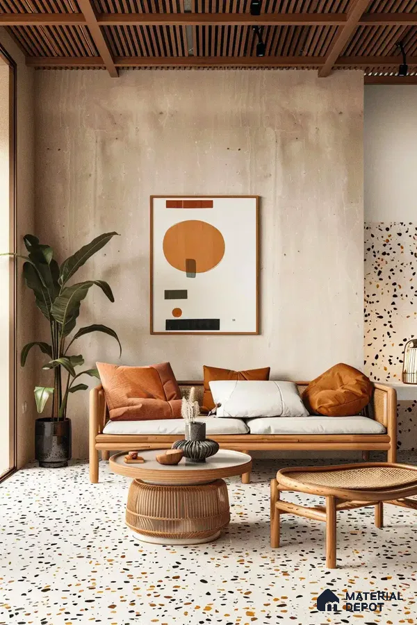 Contemporary Living Room with Terrazzo Flooring and Warm Tones | Material Depot