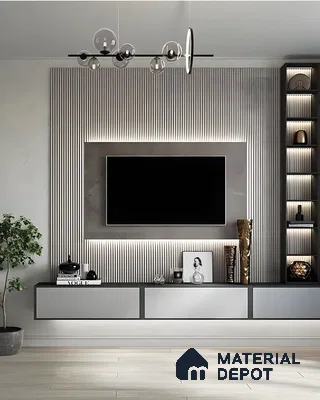 Contemporary TV Unit with Textured Wall and Built-in Shelving | Material Depot