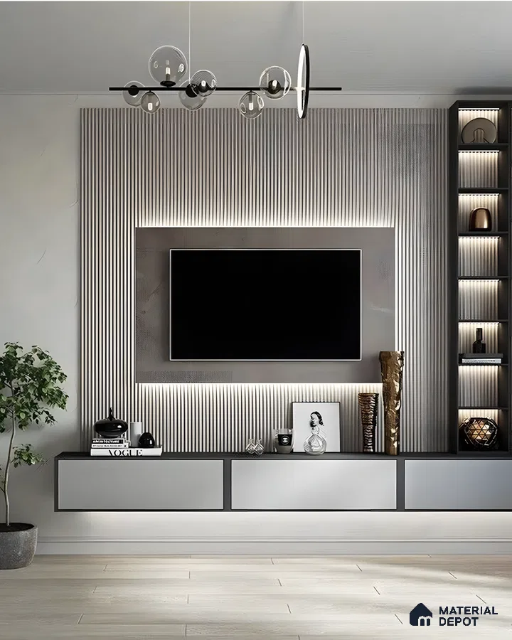 Contemporary TV Unit with Textured Wall and Built-in Shelving | Material Depot