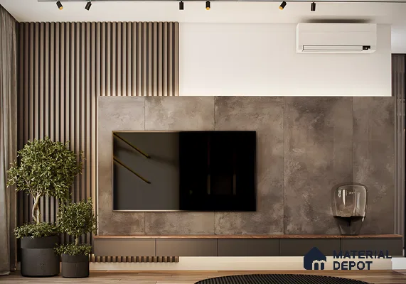 Contemporary TV Unit with Textured Wall and Wooden Accents | Material Depot