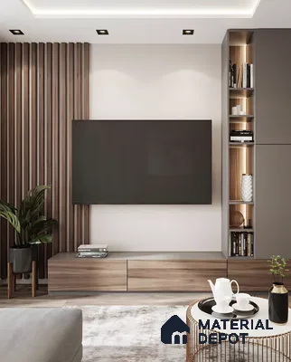 Contemporary TV Unit with Wood-Paneled Accent Wall and Built-in Shelving | Material Depot
