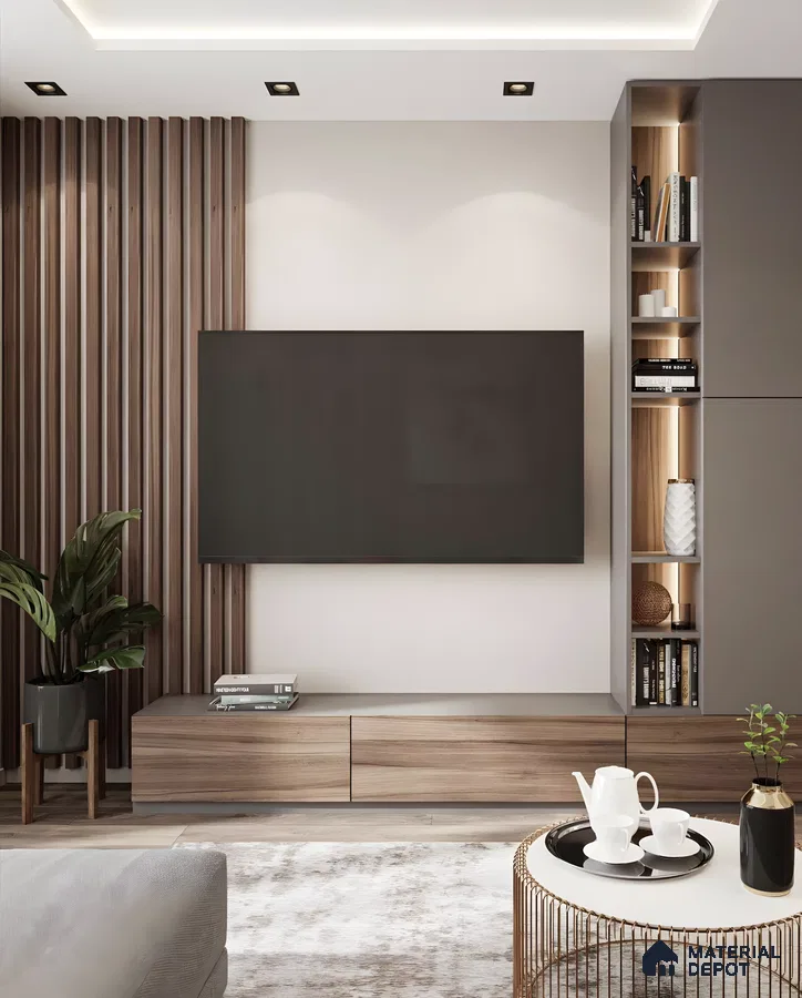 Contemporary TV Unit with Wood-Paneled Accent Wall and Built-in Shelving | Material Depot