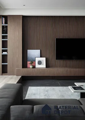 Contemporary TV Unit with Wood-Paneled Accent Wall and Built-in Shelving | Material Depot