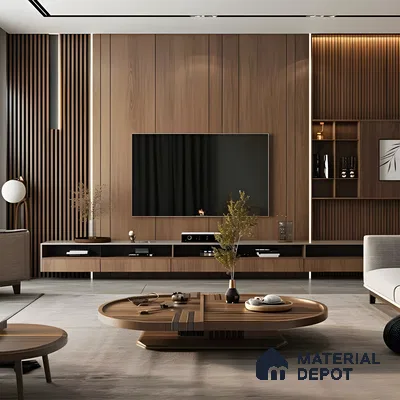 Contemporary TV Unit with Wood-Paneled Accent Wall and Circular Coffee Table | Material Depot
