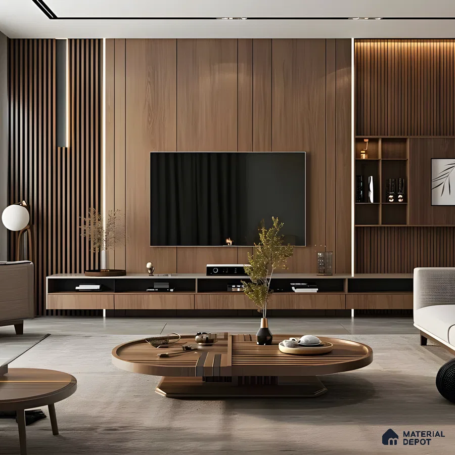 Contemporary TV Unit with Wood-Paneled Accent Wall and Circular Coffee Table | Material Depot