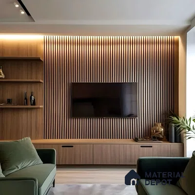 Contemporary TV Unit with Wood-Paneled Accent Wall and Circular Pendant Light | Material Depot