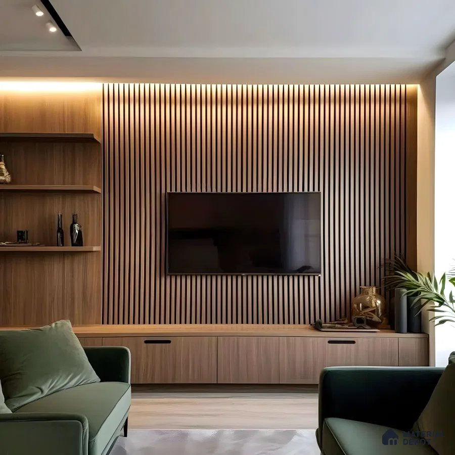 Contemporary TV Unit with Wood-Paneled Accent Wall and Circular Pendant Light | Material Depot