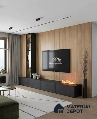 Contemporary TV Unit with Wood-Paneled Accent Wall and Electric Fireplace | Material Depot