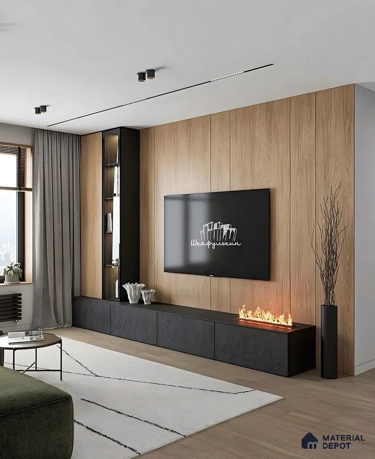 Contemporary TV Unit with Wood-Paneled Accent Wall and Electric Fireplace | Material Depot