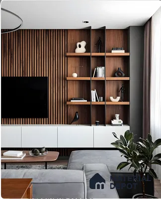 Contemporary TV Unit with Wood-Paneled Accent Wall and Geometric Shelving | Material Depot