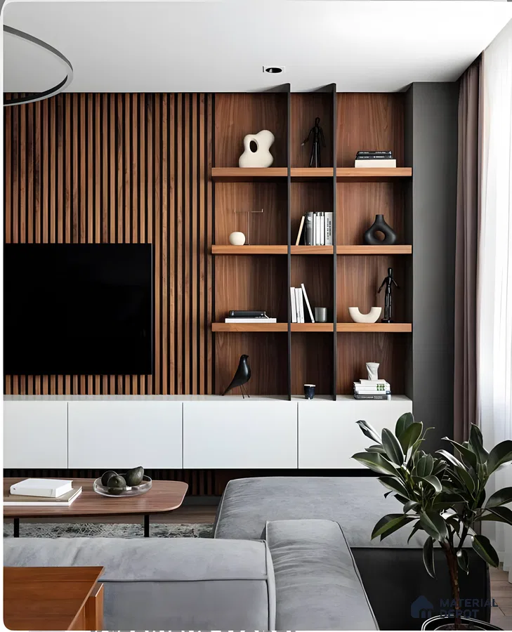 Contemporary TV Unit with Wood-Paneled Accent Wall and Geometric Shelving | Material Depot