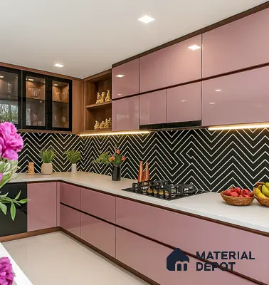 Contemporary L-Shaped Kitchen with Mauve Gloss Cabinets, Bold Chevron Backsplash & Under-Cabinet Lighting in Prestige Misty Waters Hebbal | Material Depot