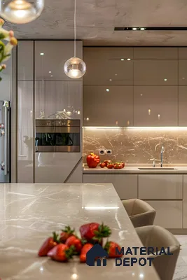 Contemporary Luxe Kitchen With Glossy Beige Finishes And Marble Elegance | Material Depot