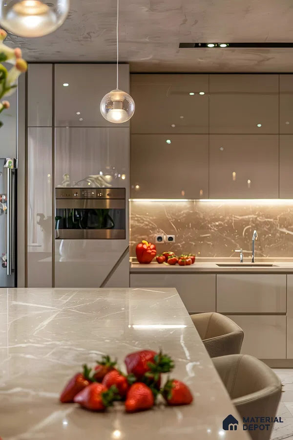 Contemporary Luxe Kitchen With Glossy Beige Finishes And Marble Elegance | Material Depot
