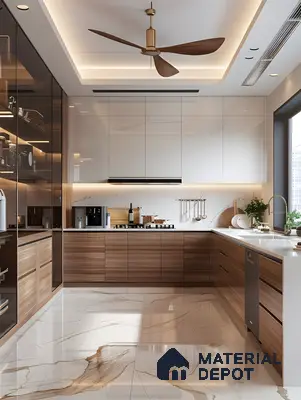 Contemporary Luxe Kitchen With Glossy White & Walnut Cabinets, Marble-Inspired Finishes & Glass Pantry Display | Material Depot