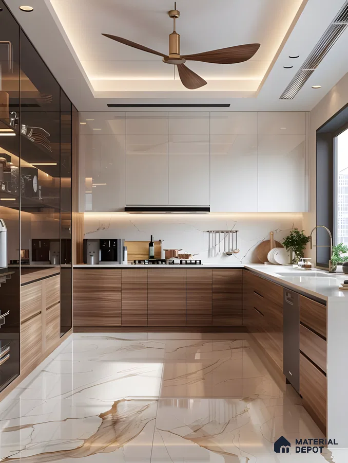 Contemporary Luxe Kitchen With Glossy White & Walnut Cabinets, Marble-Inspired Finishes & Glass Pantry Display | Material Depot