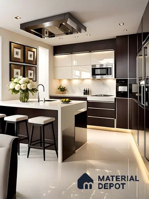 Contemporary Luxe Kitchen With High Gloss Finishes And Dark Wood Accents | Material Depot