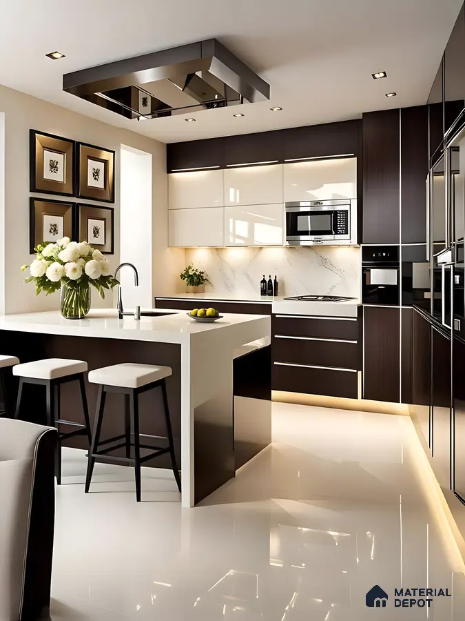 Contemporary Luxe Kitchen With High Gloss Finishes And Dark Wood Accents | Material Depot