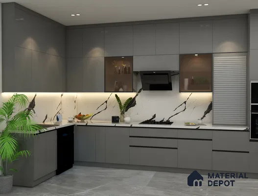 Contemporary Matte Grey Kitchen With Bold Marble Backsplash | Material Depot