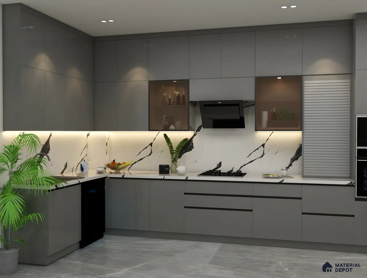 Contemporary Matte Grey Kitchen With Bold Marble Backsplash | Material Depot