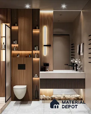 Contemporary Minimalist Bathroom with Warm Wood Accents | Material Depot