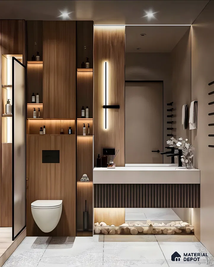 Contemporary Minimalist Bathroom with Warm Wood Accents | Material Depot