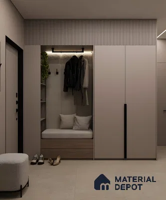 Contemporary Minimalist Gray Wardrobe with Built-in Seating | Material Depot