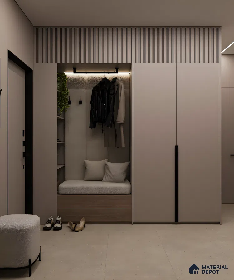 Contemporary Minimalist Gray Wardrobe with Built-in Seating | Material Depot