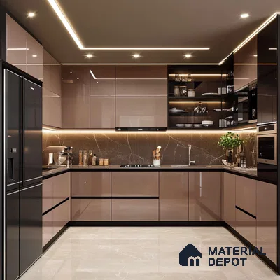 Contemporary Mocha Kitchen with Sleek Marble Backsplash and Ambient Lighting | Material Depot