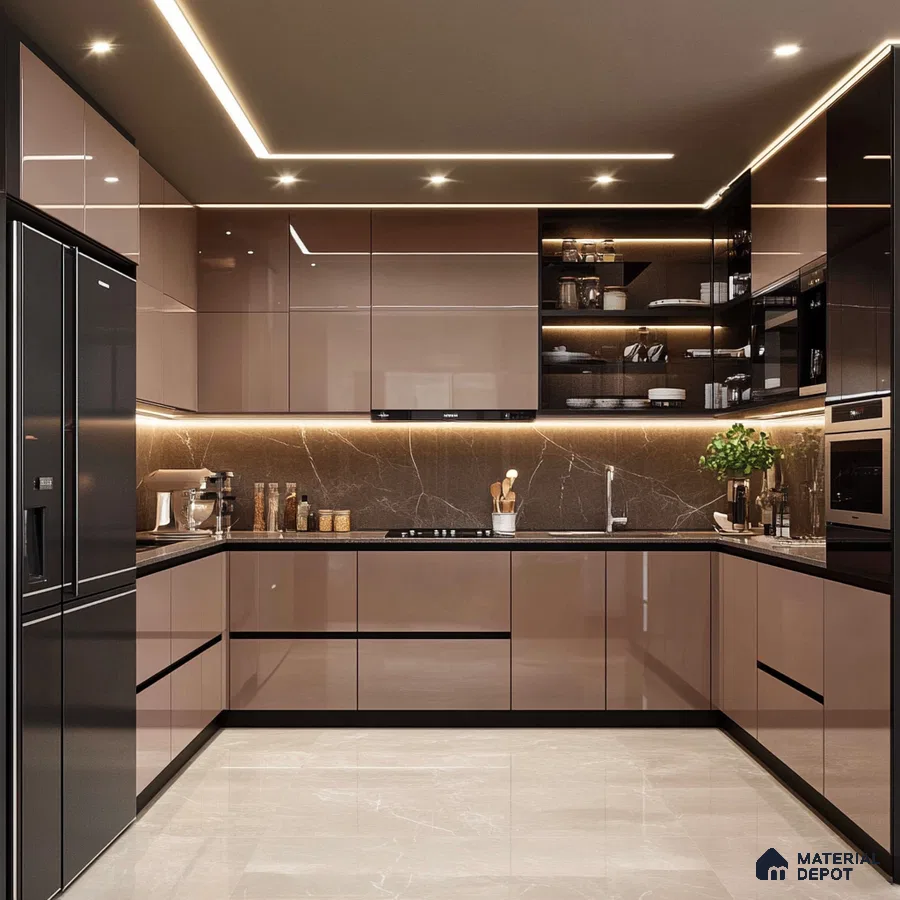 Contemporary Mocha Kitchen with Sleek Marble Backsplash and Ambient Lighting | Material Depot