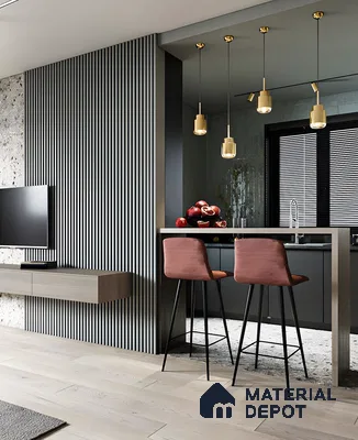 Contemporary Open-Plan Living Space with Gray Slatted Wall | Material Depot