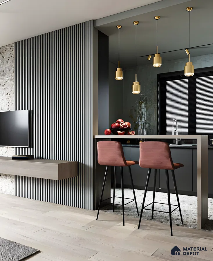 Contemporary Open-Plan Living Space with Gray Slatted Wall | Material Depot