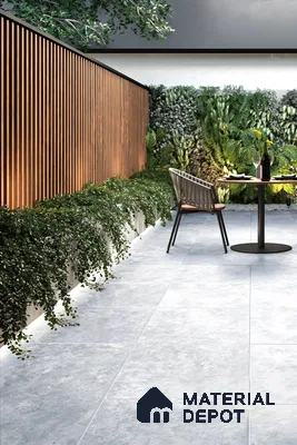 Contemporary Outdoor Living Space with Legions Lunar Silver Tiles | Material Depot