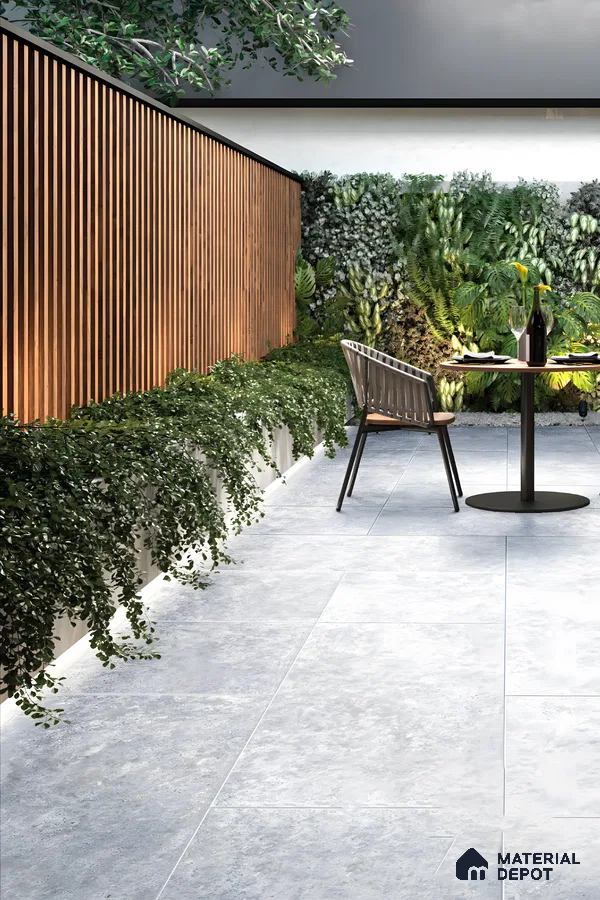 Contemporary Outdoor Living Space with Legions Lunar Silver Tiles | Material Depot