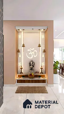 Contemporary Pooja Niche with Backlit Om Symbol and Marble Flooring | Material Depot