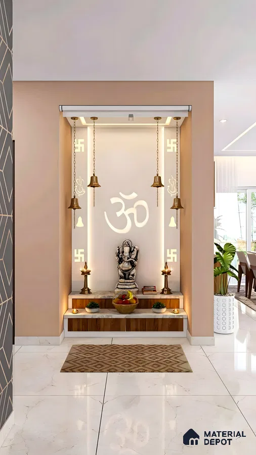 Contemporary Pooja Niche with Backlit Om Symbol and Marble Flooring | Material Depot