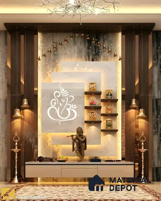 Contemporary Pooja Room with Intricate Lighting and Wooden Accents | Material Depot