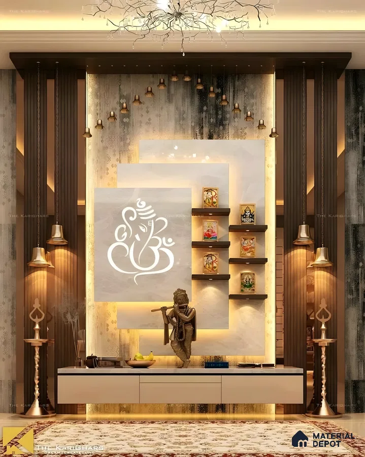 Contemporary Pooja Room with Intricate Lighting and Wooden Accents | Material Depot