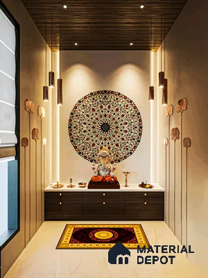 Contemporary Pooja Room with Wooden Ceiling and Vibrant Mandala Accent | Material Depot