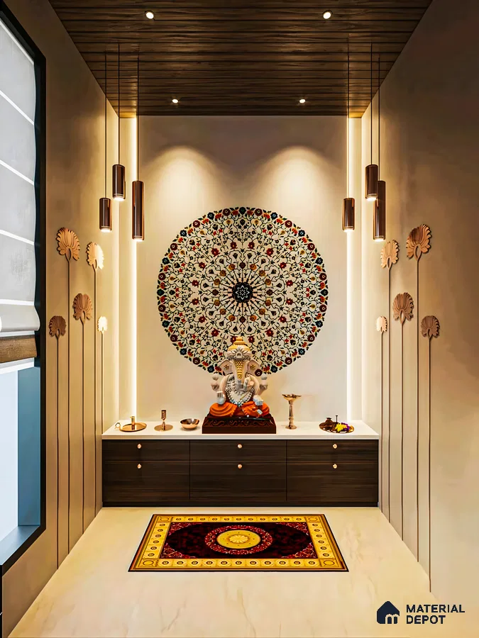 Contemporary Pooja Room with Wooden Ceiling and Vibrant Mandala Accent | Material Depot