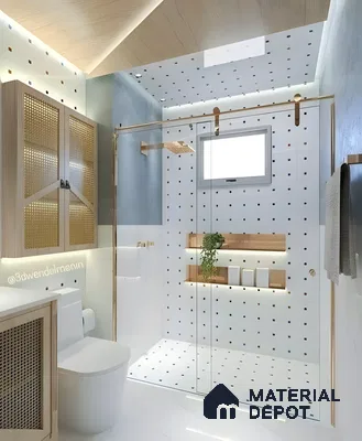 Contemporary Retro Bathroom With Grid Dot Tiles, Cane Shutters & Gold Accents | Material Depot