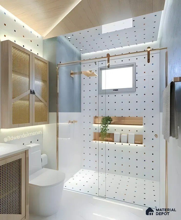 Contemporary Retro Bathroom With Grid Dot Tiles, Cane Shutters & Gold Accents | Material Depot