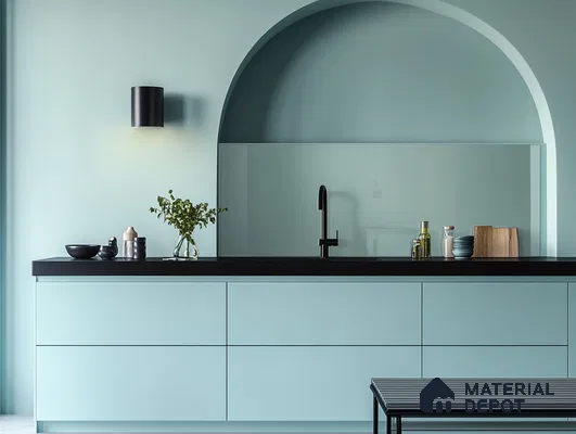 Contemporary Robin's Egg Blue Kitchen with Archway Accent | Material Depot