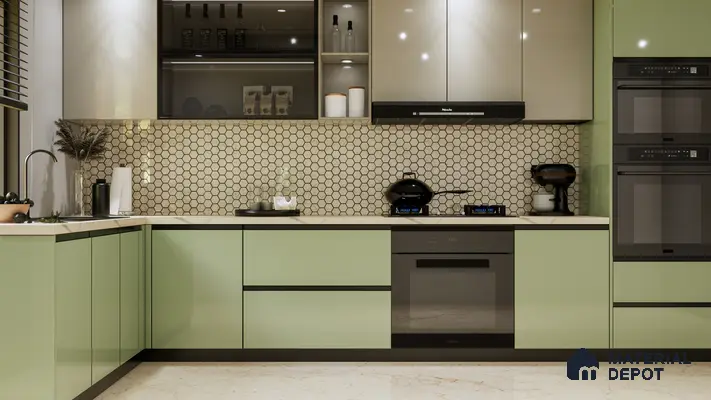 Contemporary Sage Green Kitchen with Hexagonal Tile Backsplash | Material Depot