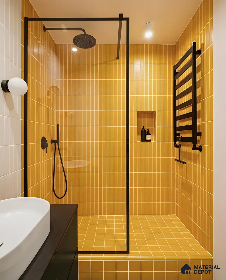 Contemporary Shower with Mustard Yellow Tiles and Black Fixtures | Material Depot