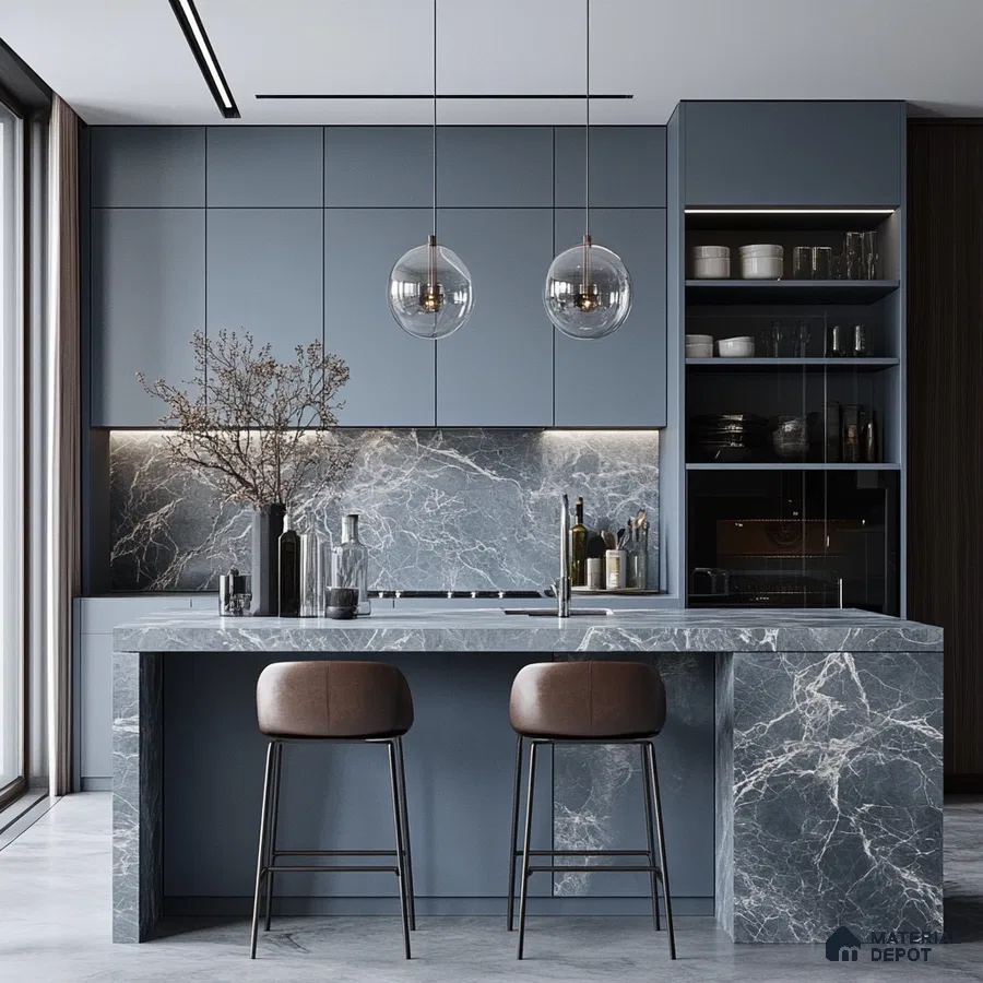 Contemporary Sky Blue Kitchen with Marble Island and Pendant Lighting | Material Depot