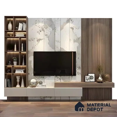 Opulent Living Room with Marble Accent Wall and Modern Lighting | Material Depot