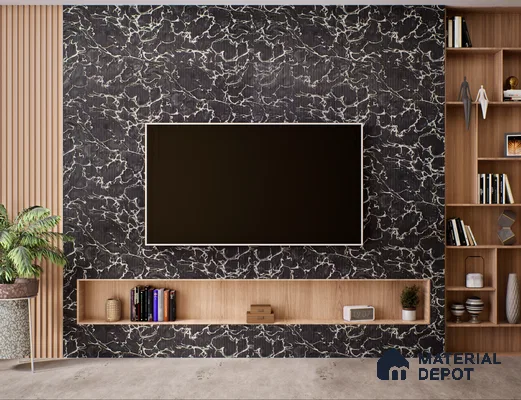 Contemporary TV Unit with Black Fluted Marble Panels and Wooden Shelves | Material Depot