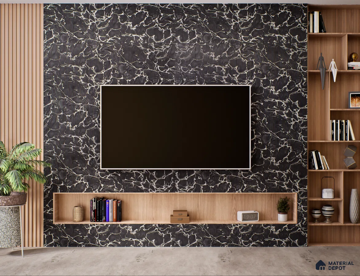 Contemporary TV Unit with Black Fluted Marble Panels and Wooden Shelves | Material Depot