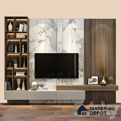 Contemporary TV Wall Unit with Marble and Wood Accents | Material Depot